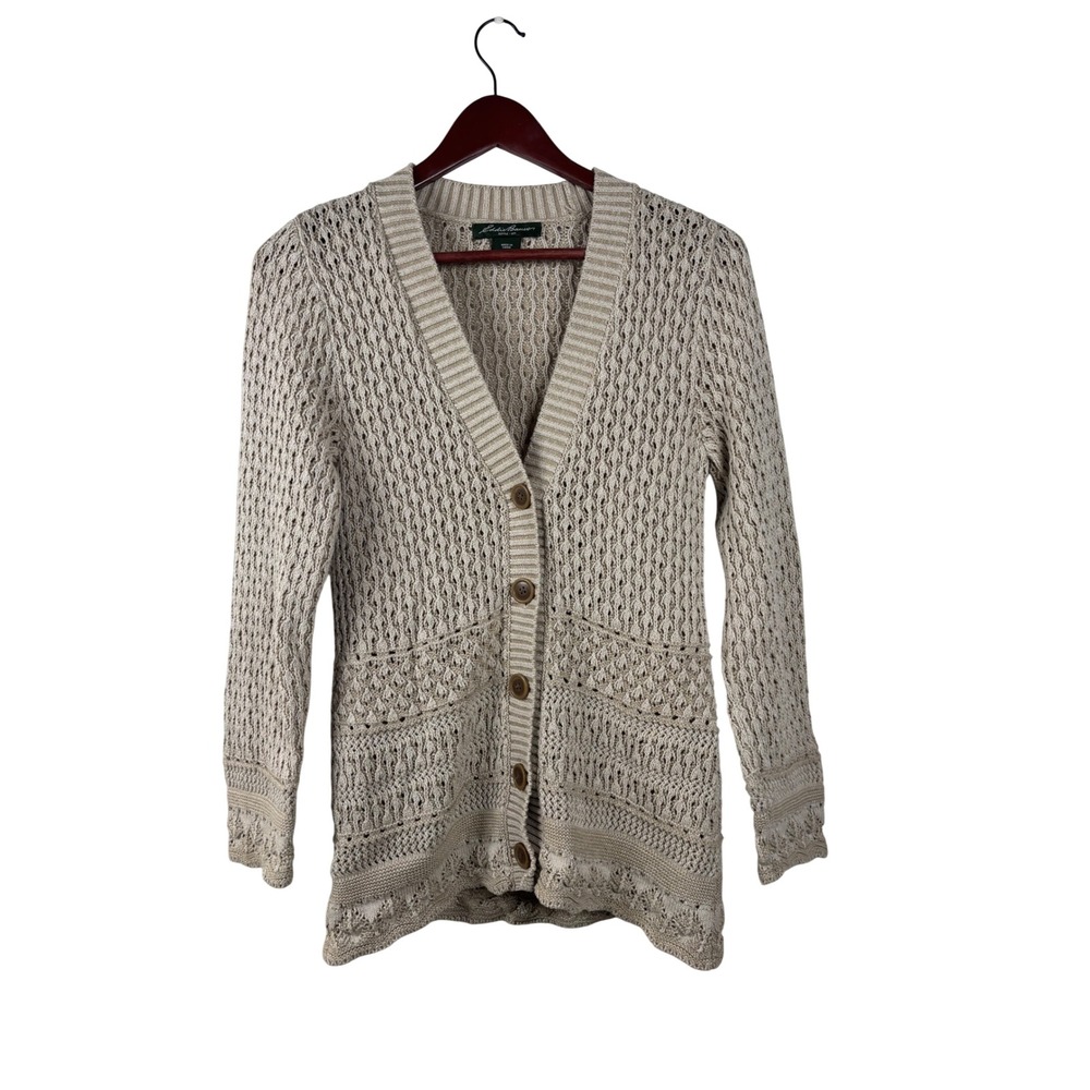 Eddie Bauer PS Beige Crochet Knit Cardigan Sweater Long Sleeve Button Boho
